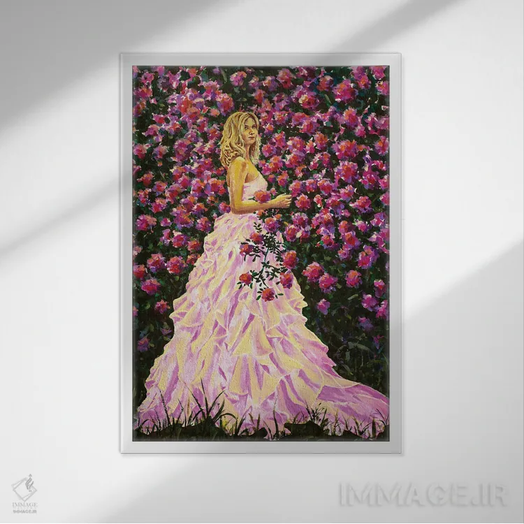 تابلو دکوراتیو زن یا دختر زیبا در میان گل های رز صورتی و بنفش اثر والری ریباکوف - نمای قابدار سفید
