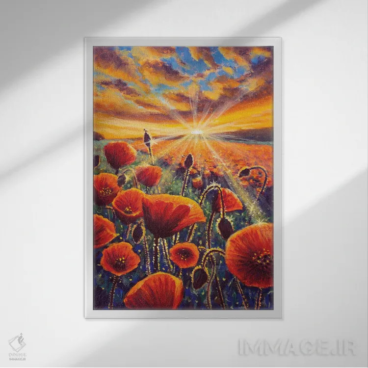 تابلو دکوراتیو مزرعه شقایق توسکانی هنگام طلوع آفتاب اثر والری ریباکوف - نمای قابدار سفید