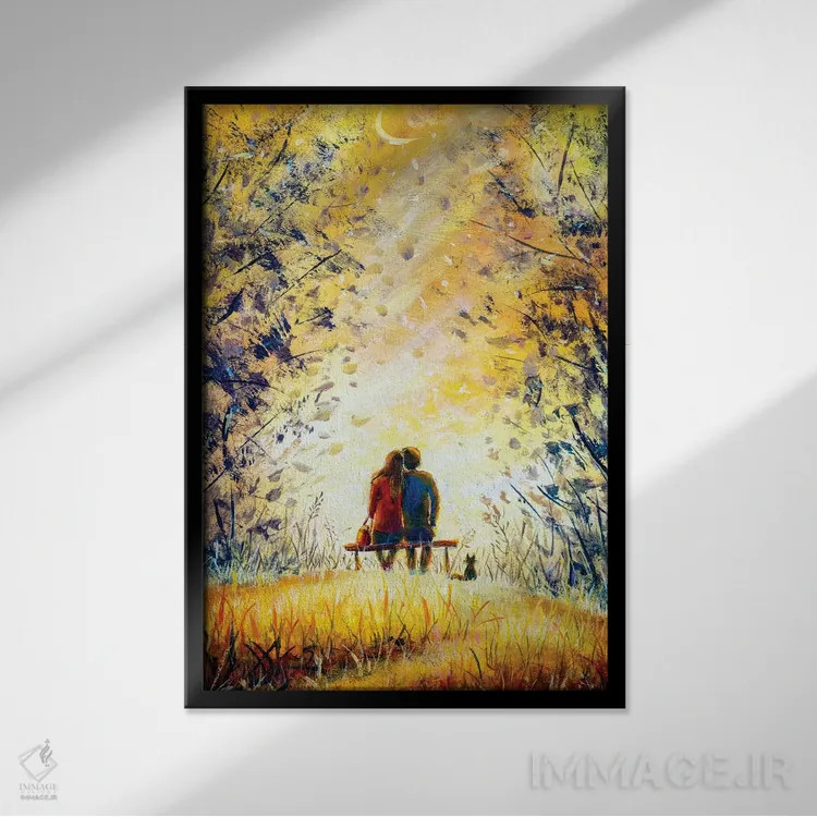 تابلو دکوراتیو یک زوج عاشق و گربه اثر والری ریباکوف - نمای قابدار مشکی