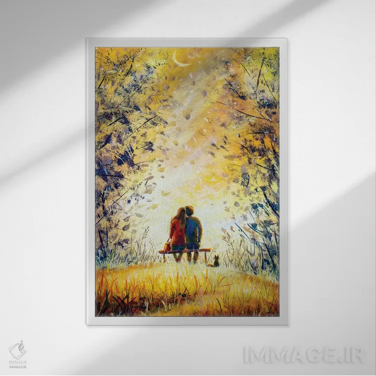 تابلو دکوراتیو یک زوج عاشق و گربه اثر والری ریباکوف - نمای قابدار سفید
