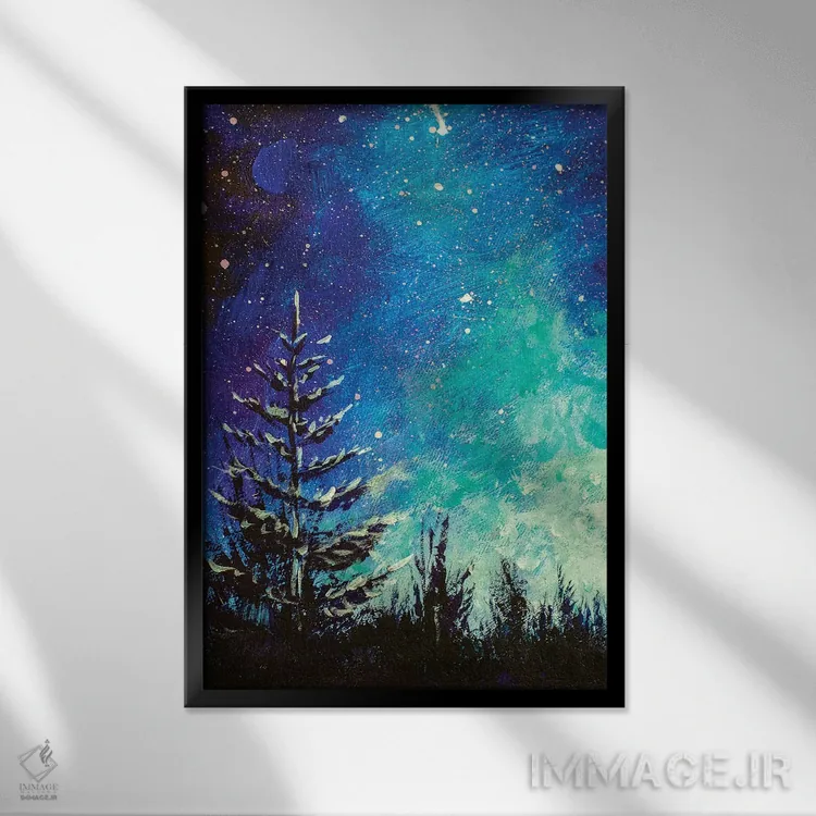 تابلو دکوراتیو درخت کریسمس در شب اثر والری ریباکوف - نمای قابدار مشکی