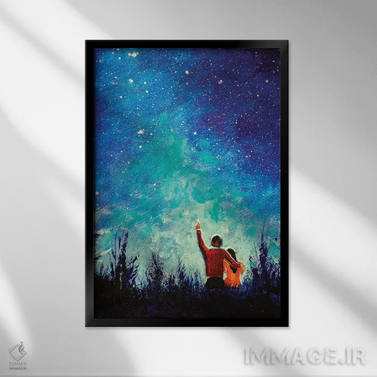 تابلو دکوراتیو زوج جوان عاشق در منظره شب اثر والری ریباکوف - نمای قابدار مشکی