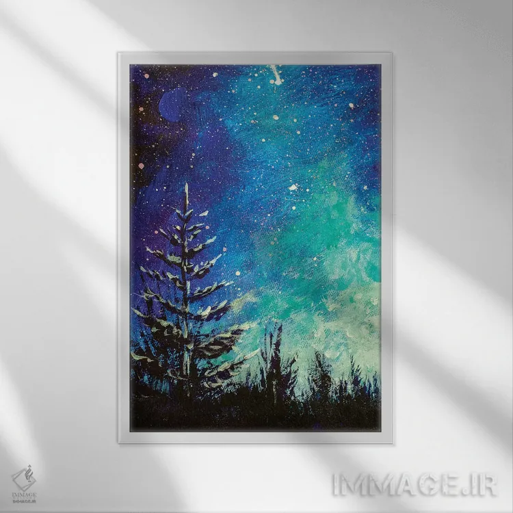 تابلو دکوراتیو درخت کریسمس در شب اثر والری ریباکوف - نمای قابدار سفید