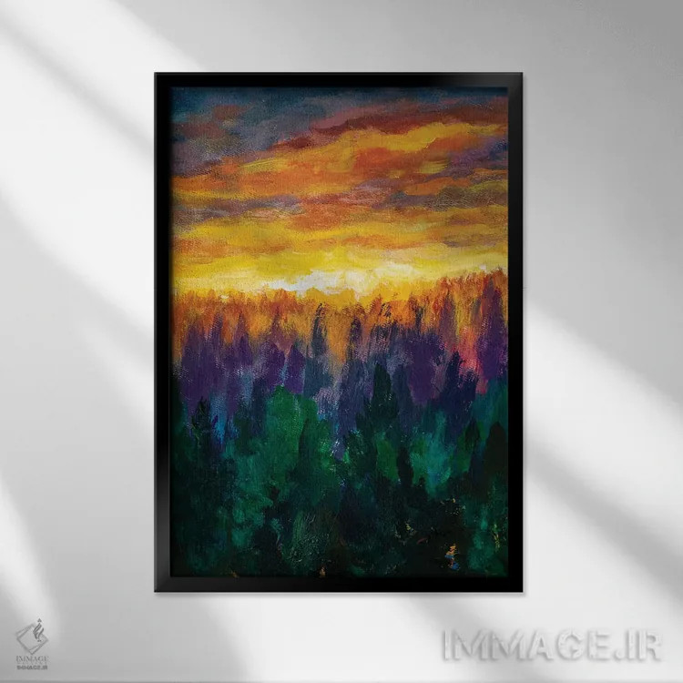 تابلو دکوراتیو سپیده دم روشن بر فراز جنگل بنفش مه آلود اثر والری ریباکوف - نمای قابدار مشکی