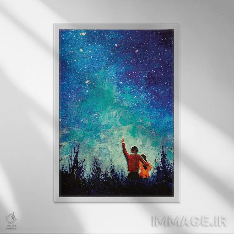 تابلو دکوراتیو زوج جوان عاشق در منظره شب اثر والری ریباکوف - نمای قابدار سفید