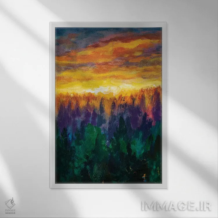 تابلو دکوراتیو سپیده دم روشن بر فراز جنگل بنفش مه آلود اثر والری ریباکوف - نمای قابدار سفید