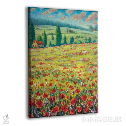 تابلو دکوراتیو Field Of Red Poppies, Old Village Houses, Road, Mountains… اثر والری ریباکوف - نمای پرسپکتیو محصول