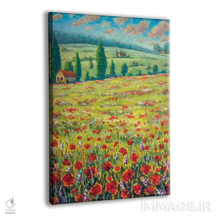 تابلو دکوراتیو Field Of Red Poppies, Old Village Houses, Road, Mountains… اثر والری ریباکوف - نمای پرسپکتیو محصول