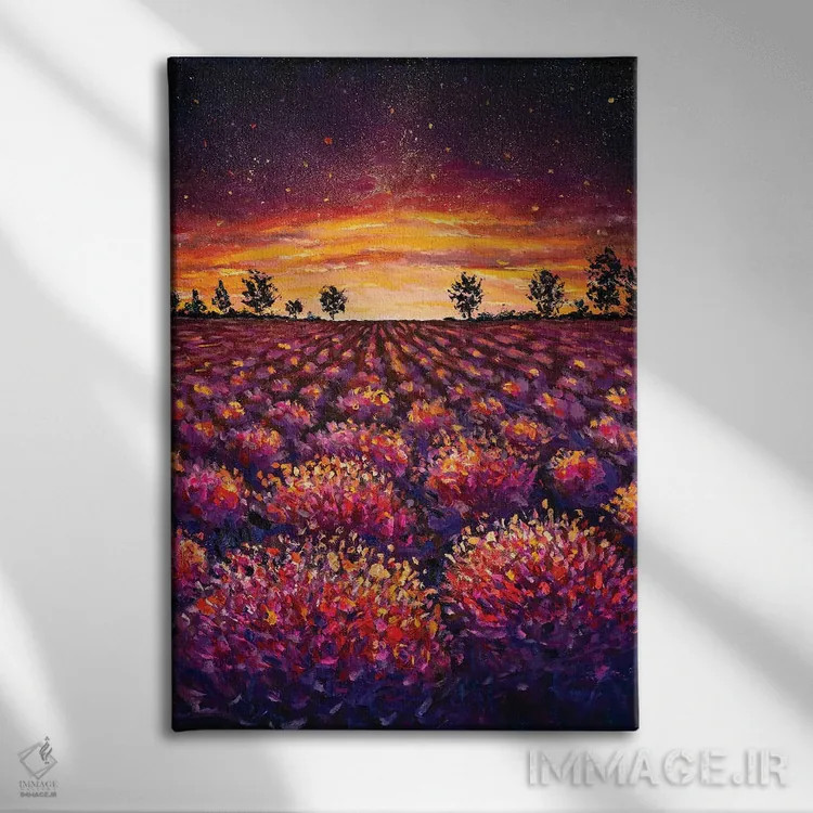 تابلو دکوراتیو Warm Dawn,مزرعه اسطوخودوس، سپیده دم گرم اثر والری ریباکوف - نمای روبهرو روی دیوار