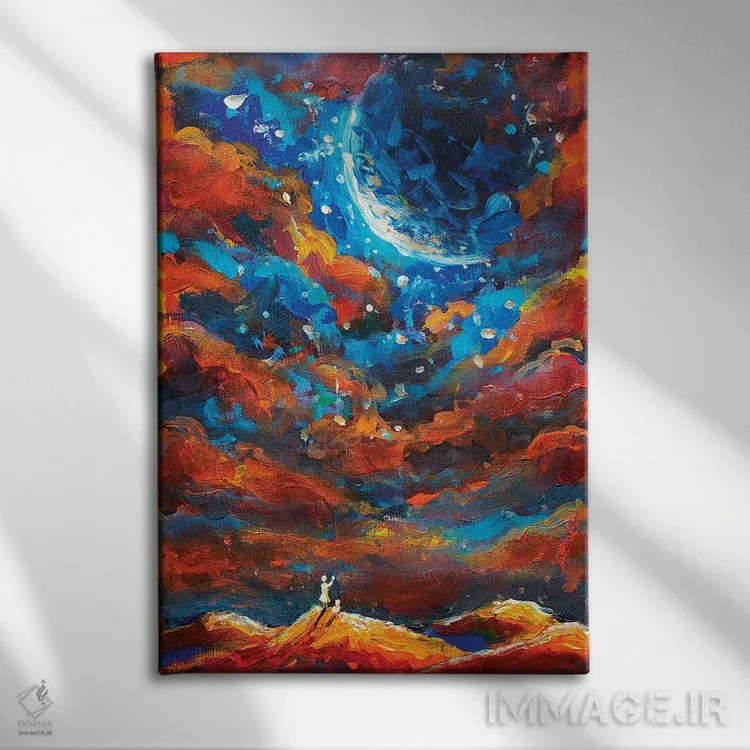 تابلو دکوراتیو دختر رویایی و گربه به سیاره بزرگ نگاه می کنند اثر والری ریباکوف - نمای روبهرو روی دیوار