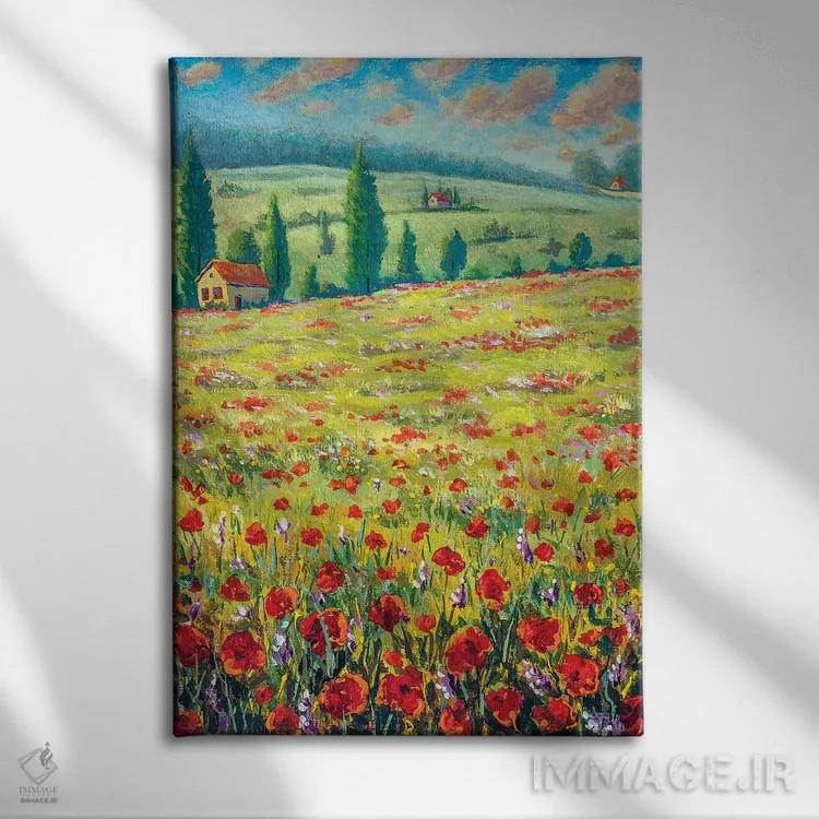 تابلو دکوراتیو Field Of Red Poppies, Old Village Houses, Road, Mountains… اثر والری ریباکوف - نمای روبهرو روی دیوار