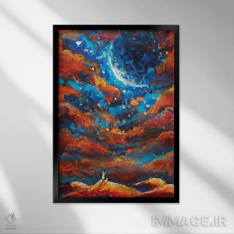 تابلو دکوراتیو دختر رویایی و گربه به سیاره بزرگ نگاه می کنند اثر والری ریباکوف - نمای قابدار مشکی