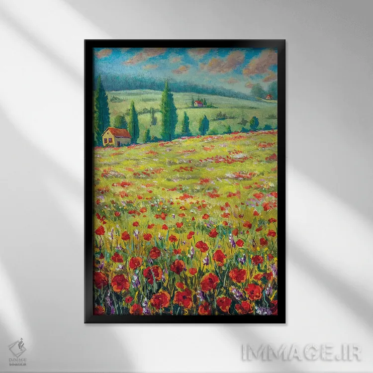 تابلو دکوراتیو Field Of Red Poppies, Old Village Houses, Road, Mountains… اثر والری ریباکوف - نمای قابدار مشکی