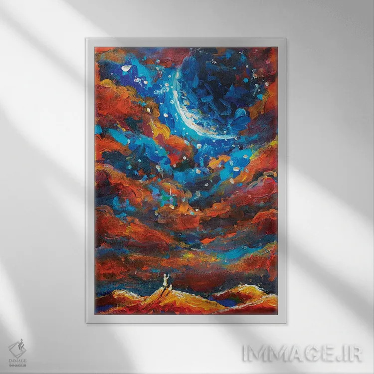 تابلو دکوراتیو دختر رویایی و گربه به سیاره بزرگ نگاه می کنند اثر والری ریباکوف - نمای قابدار سفید