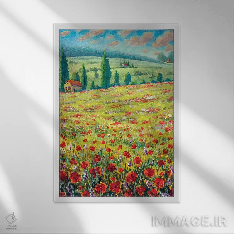 تابلو دکوراتیو Field Of Red Poppies, Old Village Houses, Road, Mountains… اثر والری ریباکوف - نمای قابدار سفید