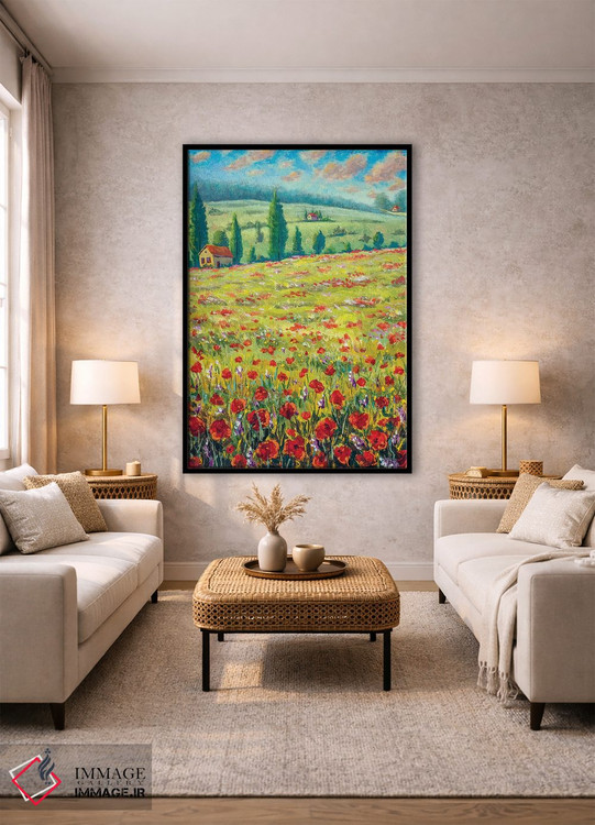 تابلو دکوراتیو Field Of Red Poppies, Old Village Houses, Road, Mountains… اثر والری ریباکوف - D1B