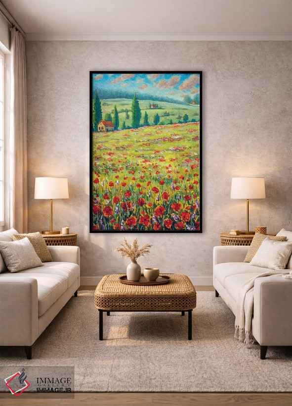 تابلو دکوراتیو Field Of Red Poppies, Old Village Houses, Road, Mountains… اثر والری ریباکوف - D1B