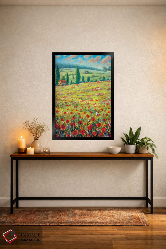 تابلو دکوراتیو Field Of Red Poppies, Old Village Houses, Road, Mountains… اثر والری ریباکوف - D4B
