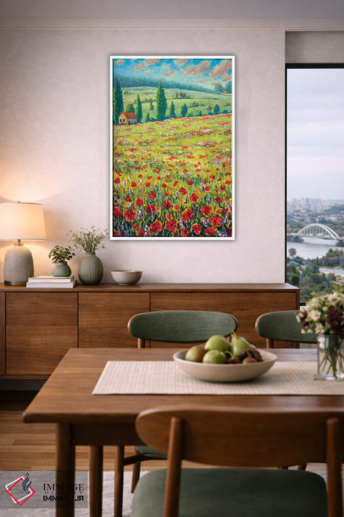 تابلو دکوراتیو Field Of Red Poppies, Old Village Houses, Road, Mountains… اثر والری ریباکوف - D5W