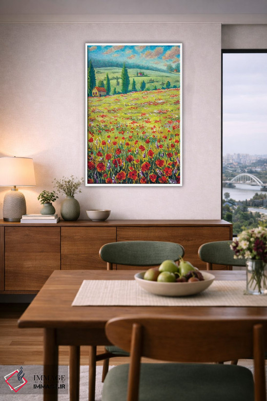 تابلو دکوراتیو Field Of Red Poppies, Old Village Houses, Road, Mountains… اثر والری ریباکوف - D5W
