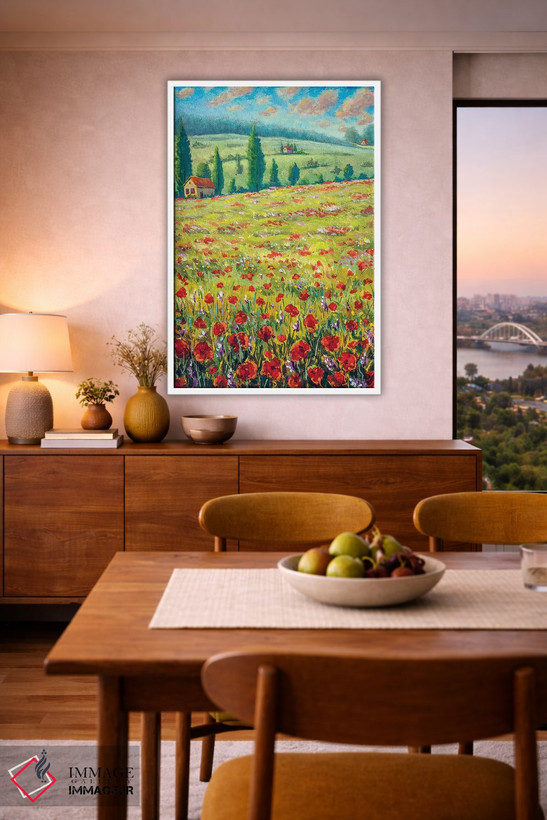 تابلو دکوراتیو Field Of Red Poppies, Old Village Houses, Road, Mountains… اثر والری ریباکوف - D6W