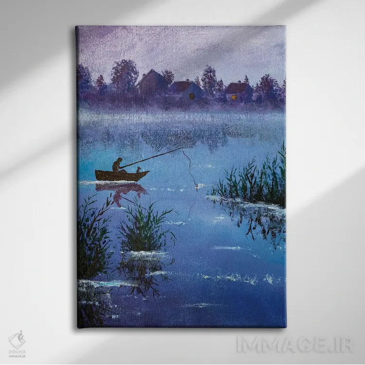 تابلو دکوراتیو ماهیگیری شبانه زمستانی در دریاچه روستایی اثر والری ریباکوف - نمای روبهرو روی دیوار