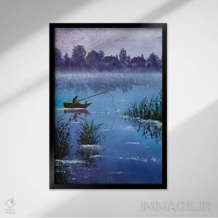 تابلو دکوراتیو ماهیگیری شبانه زمستانی در دریاچه روستایی اثر والری ریباکوف - نمای قابدار مشکی
