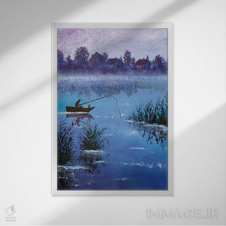 تابلو دکوراتیو ماهیگیری شبانه زمستانی در دریاچه روستایی اثر والری ریباکوف - نمای قابدار سفید