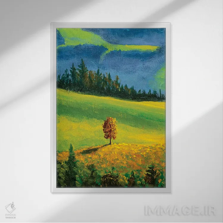 تابلو دکوراتیو درخت پاییزی زیبا بر تپه کوهستانی اثر والری ریباکوف - نمای قابدار سفید