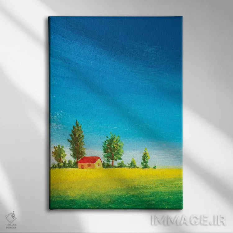 تابلو دکوراتیو خانه زیبا روی چمنزار سبز اثر والری ریباکوف - نمای روبهرو روی دیوار