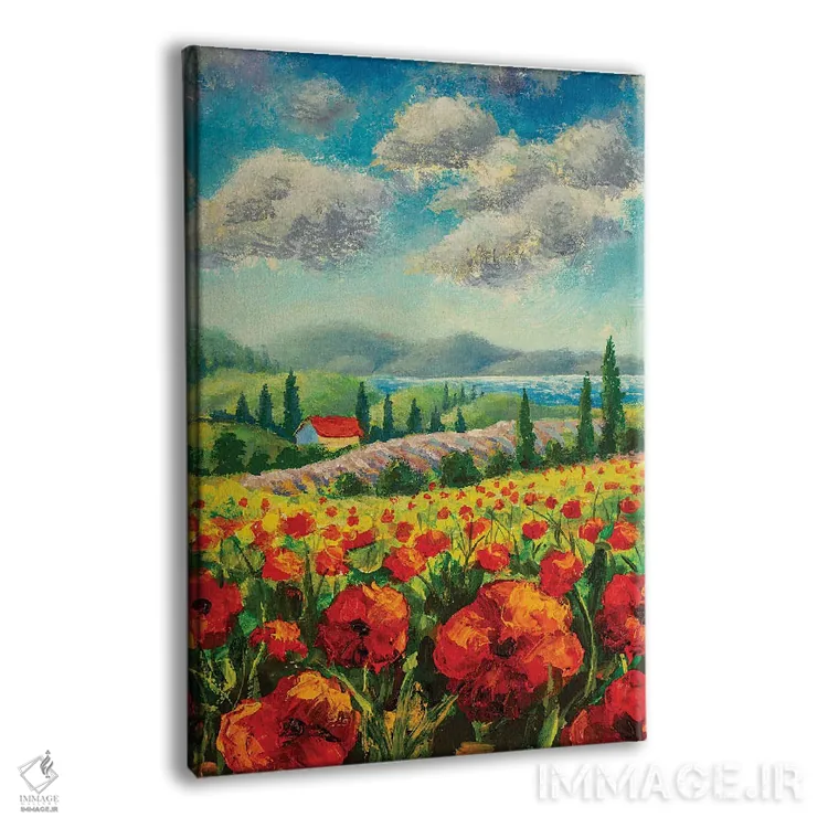 تابلو دکوراتیو Red Poppies, Beautiful Sea,منظره با درختان سرو، شقایق قرم… اثر والری ریباکوف - نمای پرسپکتیو محصول