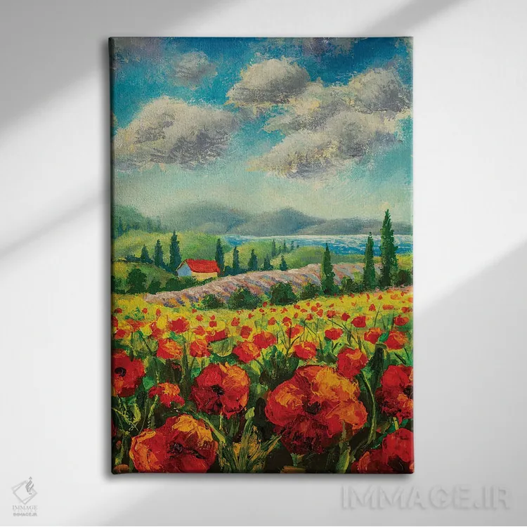 تابلو دکوراتیو Red Poppies, Beautiful Sea,منظره با درختان سرو، شقایق قرم… اثر والری ریباکوف - نمای روبهرو روی دیوار