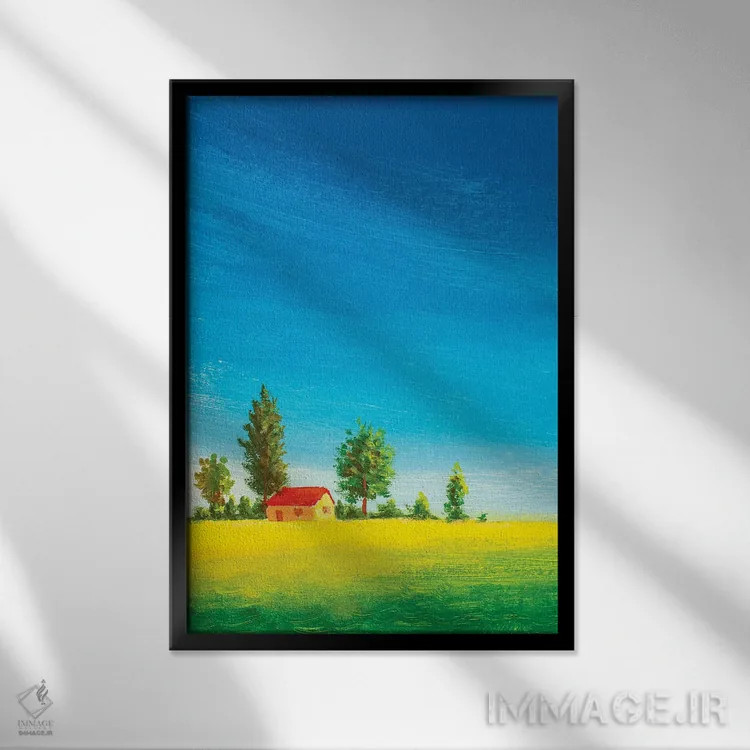 تابلو دکوراتیو خانه زیبا روی چمنزار سبز اثر والری ریباکوف - نمای قابدار مشکی
