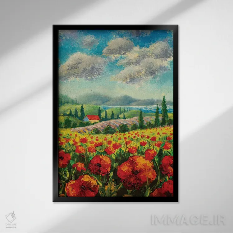 تابلو دکوراتیو Red Poppies, Beautiful Sea,منظره با درختان سرو، شقایق قرم… اثر والری ریباکوف - نمای قابدار مشکی