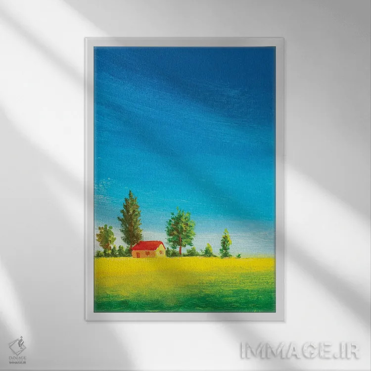 تابلو دکوراتیو خانه زیبا روی چمنزار سبز اثر والری ریباکوف - نمای قابدار سفید