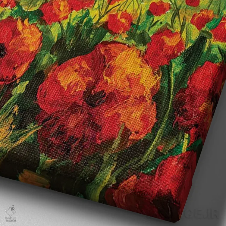 تابلو دکوراتیو Red Poppies, Beautiful Sea,منظره با درختان سرو، شقایق قرم… اثر والری ریباکوف - نمای نزدیک بافت بوم