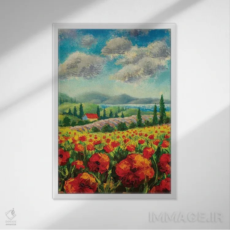 تابلو دکوراتیو Red Poppies, Beautiful Sea,منظره با درختان سرو، شقایق قرم… اثر والری ریباکوف - نمای قابدار سفید