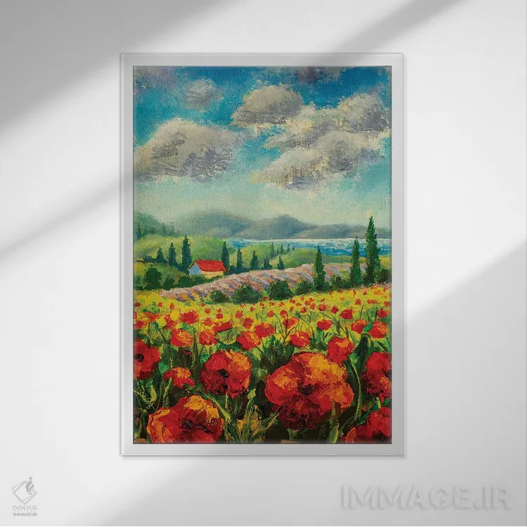 تابلو دکوراتیو Red Poppies, Beautiful Sea,منظره با درختان سرو، شقایق قرم… اثر والری ریباکوف - نمای قابدار سفید
