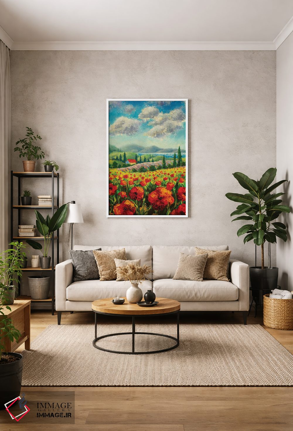 تابلو دکوراتیو Red Poppies, Beautiful Sea,منظره با درختان سرو، شقایق قرم… اثر والری ریباکوف - D1W