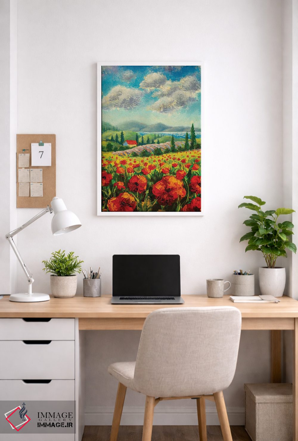 تابلو دکوراتیو Red Poppies, Beautiful Sea,منظره با درختان سرو، شقایق قرم… اثر والری ریباکوف - D3W