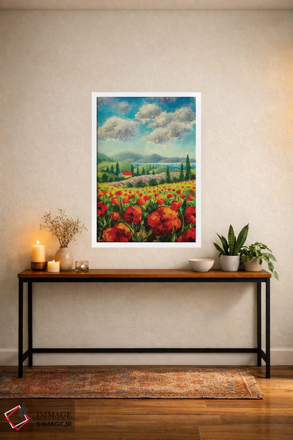 تابلو دکوراتیو Red Poppies, Beautiful Sea,منظره با درختان سرو، شقایق قرم… اثر والری ریباکوف - D2W