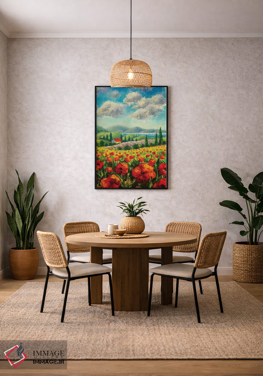 تابلو دکوراتیو Red Poppies, Beautiful Sea,منظره با درختان سرو، شقایق قرم… اثر والری ریباکوف - D5B