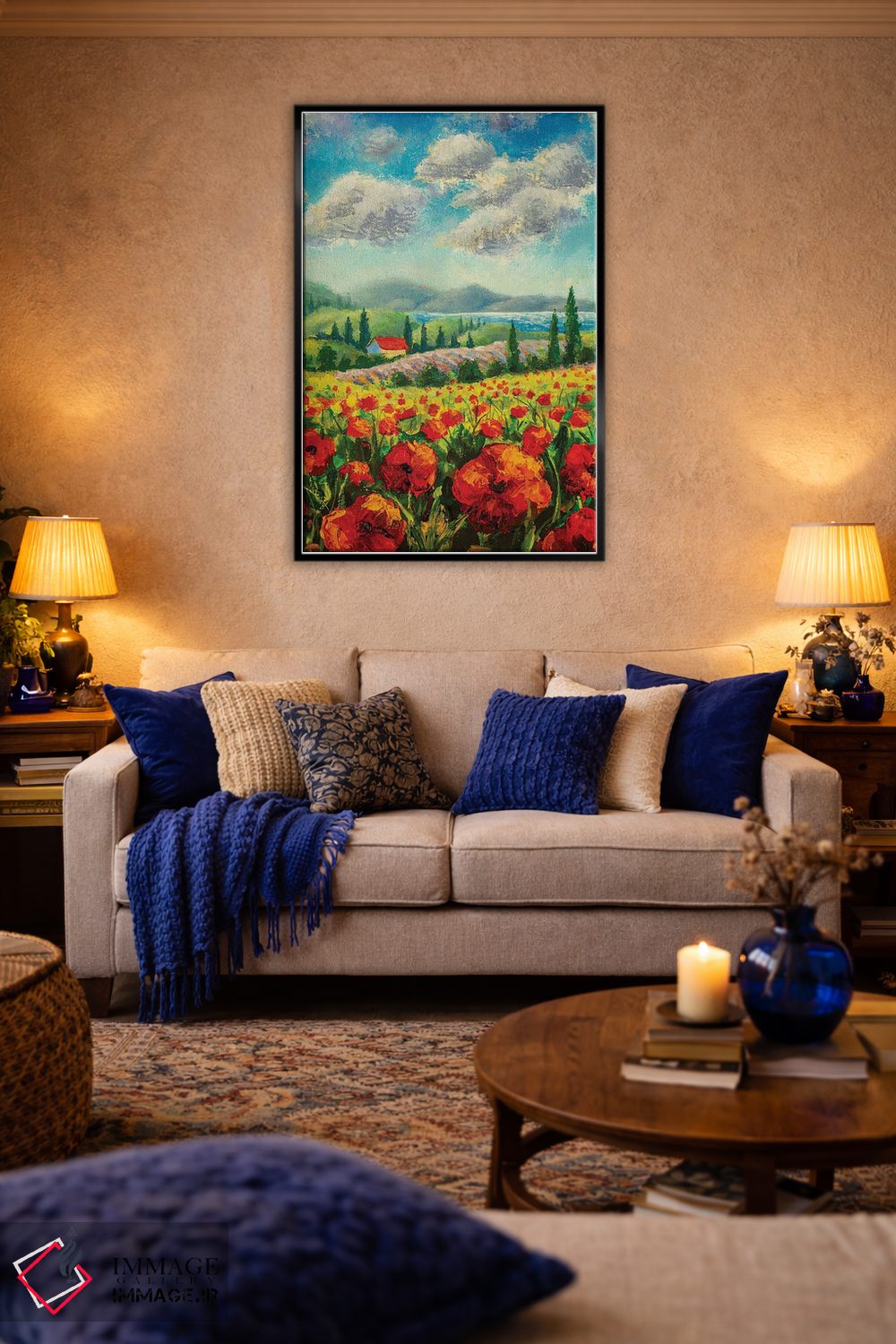 تابلو دکوراتیو Red Poppies, Beautiful Sea,منظره با درختان سرو، شقایق قرم… اثر والری ریباکوف - D6B