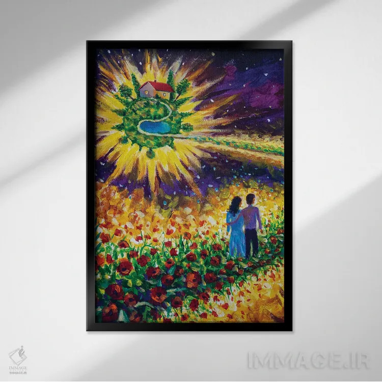 تابلو دکوراتیو زوج عاشق در مسیر گل ها در کهکشان به سوی رویا قدم می زنند اثر والری ریباکوف - نمای قابدار مشکی