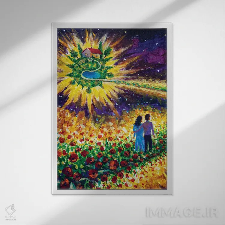 تابلو دکوراتیو زوج عاشق در مسیر گل ها در کهکشان به سوی رویا قدم می زنند اثر والری ریباکوف - نمای قابدار سفید