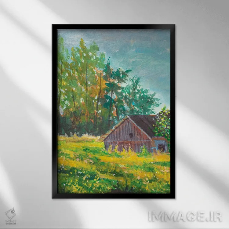 تابلو دکوراتیو تصویرسازی منظره روستایی اثر والری ریباکوف - نمای قابدار مشکی