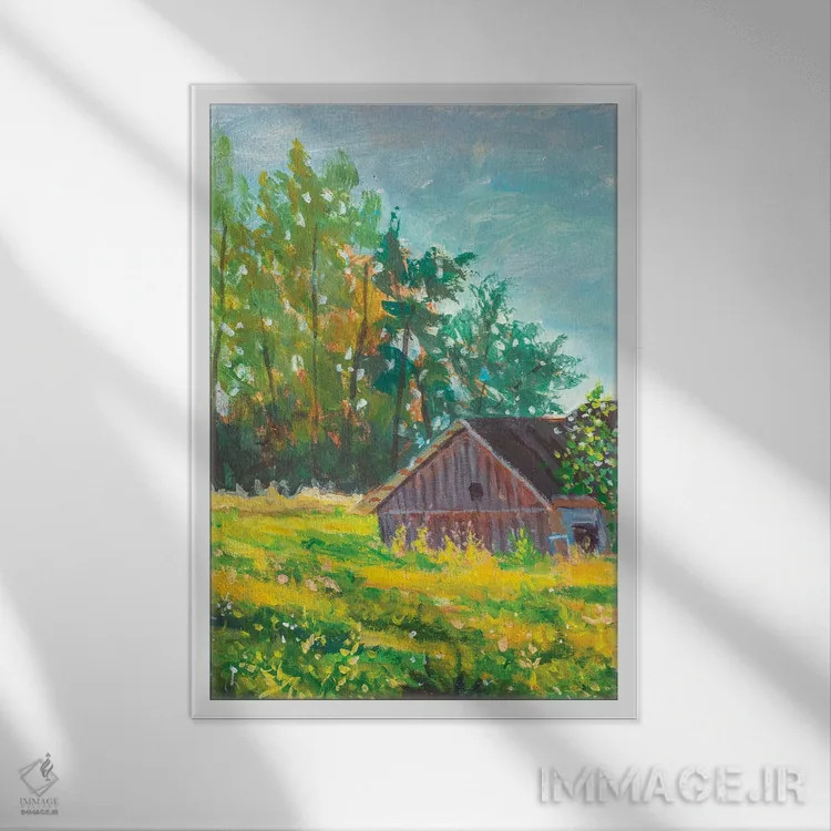 تابلو دکوراتیو تصویرسازی منظره روستایی اثر والری ریباکوف - نمای قابدار سفید