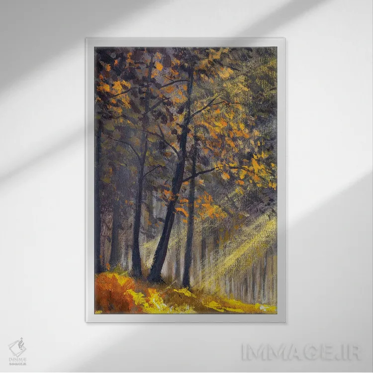 تابلو دکوراتیو درختان آفتابی پارک جنگلی در بهار یا تابستان اثر والری ریباکوف - نمای قابدار سفید