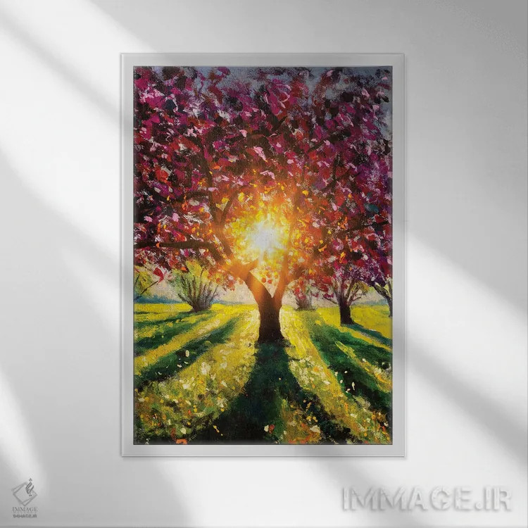 تابلو دکوراتیو Rays Of Sun,درخت ساکورای بنفش شکوفه زده در پرتوهای نور خو… اثر والری ریباکوف - نمای قابدار سفید