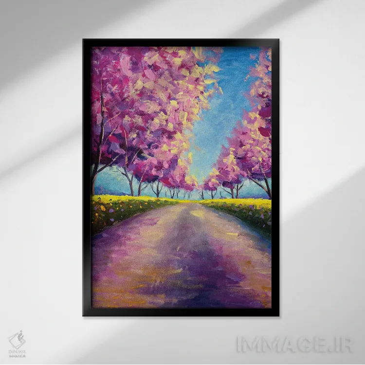 تابلو دکوراتیو کوچه شکوفه زده ساکورای صورتی II اثر والری ریباکوف - نمای قابدار مشکی